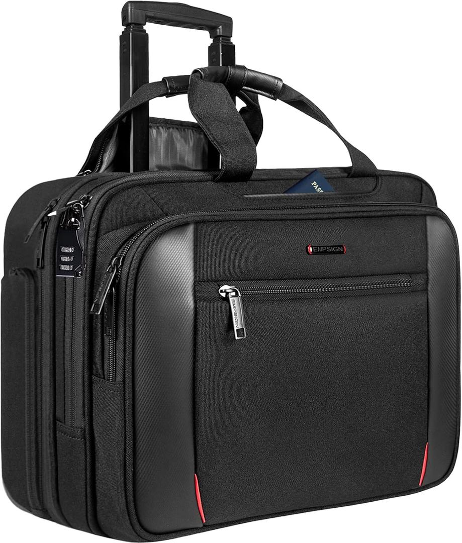 EMPSIGN Rolling Briefcase Laptop Bag,17.3" Computer bag with wheels, Water Repellent Travel Roller Underseat Bag with RFID Blocking Pocket,Rolling Work Bags for women/men -Black