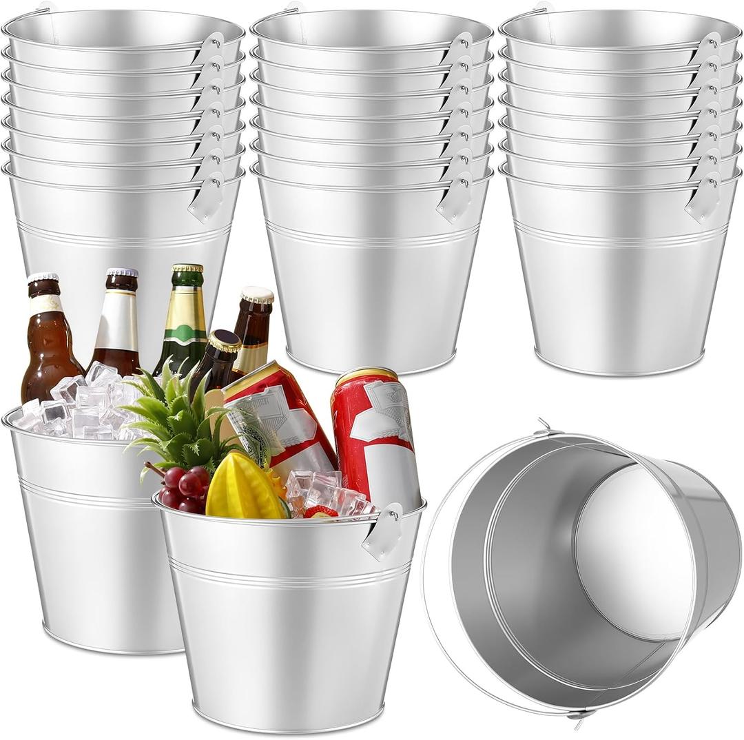 Didaey 24 Pcs Metal Beer Bucket Bulk Ice Bucket Ice Pails with Handle Champagne Soda Party Beverage Chiller for Summer Picnic Pool Wedding Party Supplies Wine Champagne Bar (9.1 x 7.1 x 6.7",Silver)