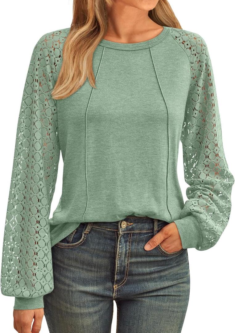 AUTOMET Womens Long Sleeve Shirts Casual Tops Dressy Outfits Fall Fashion Blouses Lace Clothes Y2k (Medium, Lightgreen)