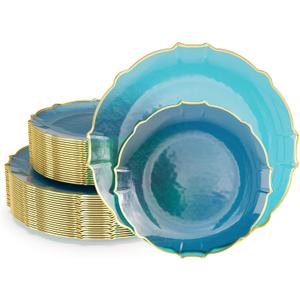 Exquisite Tinted Plates 80-Piece Plastic Disposable Party Set for 40 Guests - 40 X 7.5 Dessert Plates & 40 X 10 Thin Delicate Fancy Dinnerware with Peacock Gold Rim