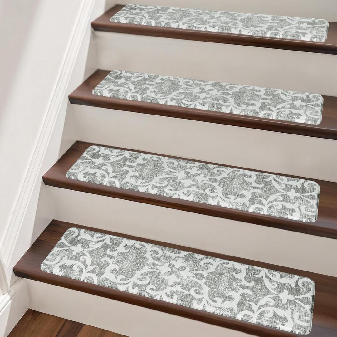 PURE ERA Cushioned Stair Mat, Non-Slip Stair Treads, 8" x 30" Staircase Step Treads Foam Stair Pads, Tape Free Durable Stair Treads for Wooden Steps Wahsable, Easy to Clean (2 Pieces, Light Gray Flower)