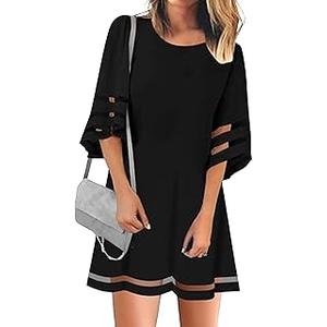 LookbookStore Women Casual Crewneck Mesh Panel 3/4 Bell Sleeve Loose Tunic Dress Size 2XL