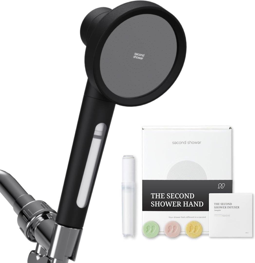 SecondShower Filtered Shower Hand for Hard Water | Clinically Proven for Skin Health, NSF Certified 99.9% Chlorine Removal, SPA Grade High Pressure, Korean Beauty Secret Natural Filter (Matte Black)