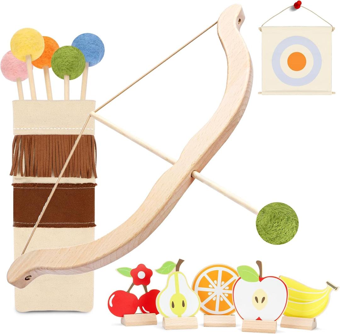 Wooden Kids Bow and Arrow Set - Safe for Ages 3+, Indoor & Outdoor Archery Gift Toys for Children, Boys & Girls, Includes 5 Arrows, 5 Fruit Targets, 1 Cotton Quiver