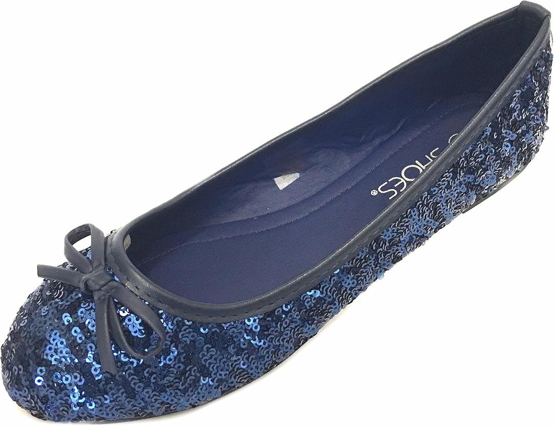 Shoes8teen Womens Sequins Glitter Round Toe Ballet Flat with Bow (11, 2001 Navy Sequins)