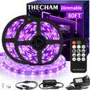 THECHAM 80ft Black Light Strip with Remote, 1440 LEDs, 12V Flexible Blacklights for Glow Party, Adjust Brightness, Delay Off, 3 Light Modes, Indoor Fluorescent Party, Stage Lighting