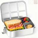 Bento Box for Kids, 1.5L/50oz Stainless Steel Snack Containers with 3 Compartments, Lockable Clip Kids Lunch Box, Eco-Friendly, Leak-proof, Dishwasher-Safe for Home, School, Travel