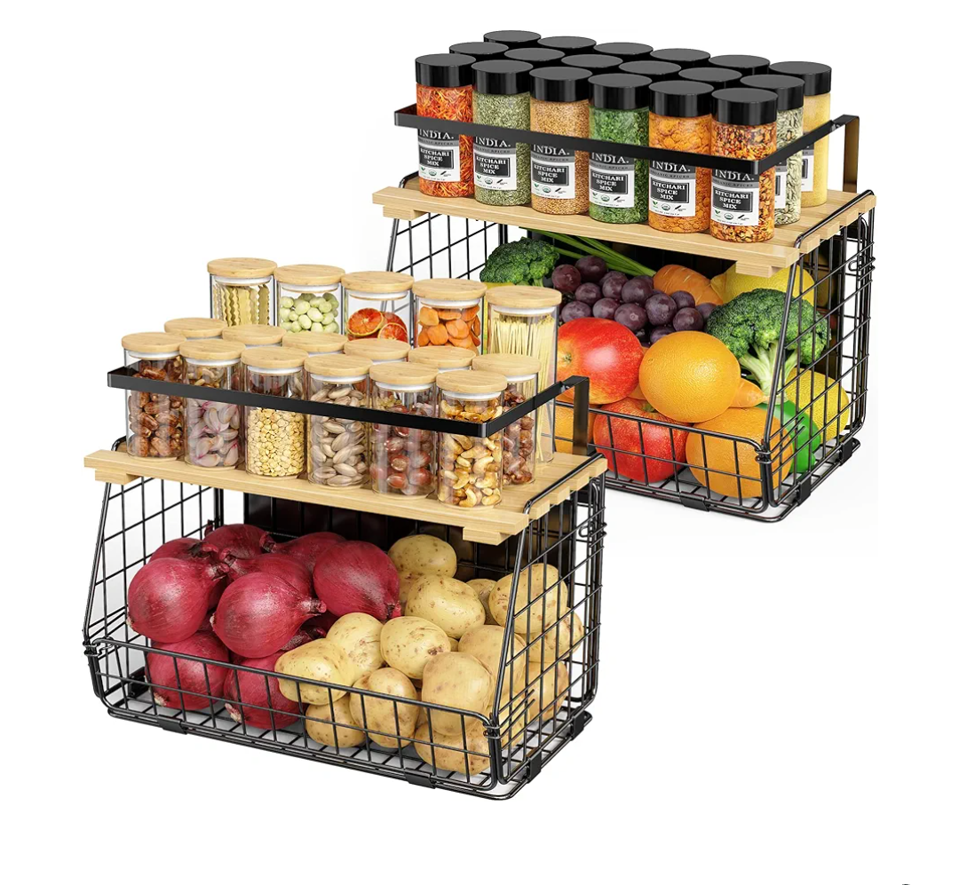 Magnetic Shelf for Fridge with Wood Lid: 2 Pack Fruit Potato and Onion Storage Bin - Magnetic Spice Rack for Refrigerator & Kitchen Counter - Pantry Organizers and Storage