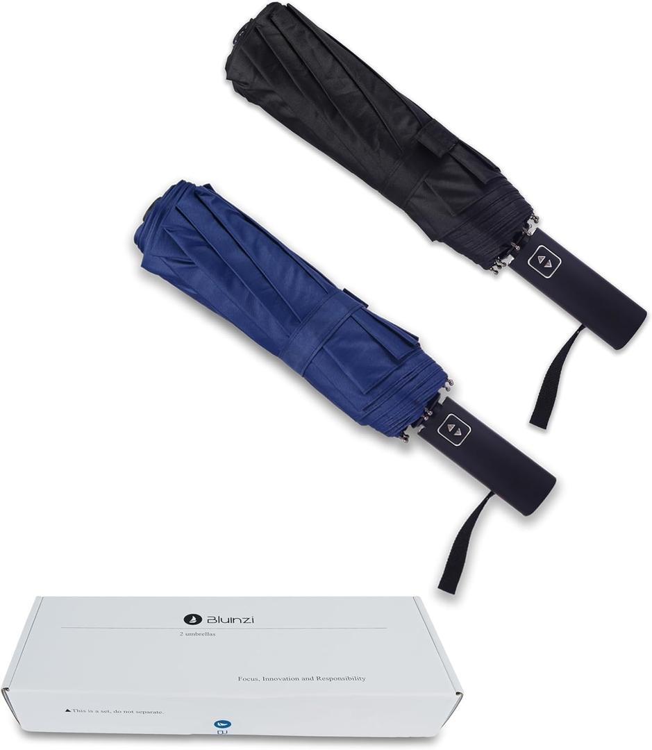 Double 10-Rib 46 Inch Compact Travel Umbrella for Rain - Sturdy Portable Windproof Umbrella - Small Automatic Folding Umbrella (Pack of 2, Black, Blue)