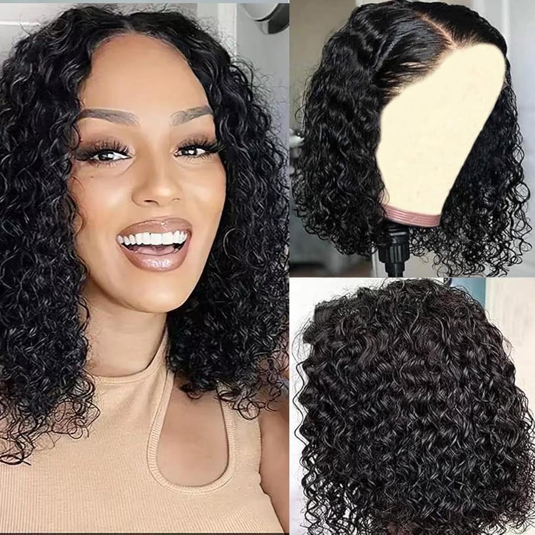 Glue free Precut 4x4 Lace Front wig Female Hair Glue free 180% Density Water Bob Wig Human Hair Beginner Curl Front Wig Black (14 ")