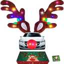 IC ICLOVER Reindeer Antlers for Cars with LED Lights, Car Reindeer Antlers & Red Nose, Glowing LED Reindeers Costume Kit, Car Christmas Decorations Xmas Gifts for Most Vehicles SUV MPV Van Truck
