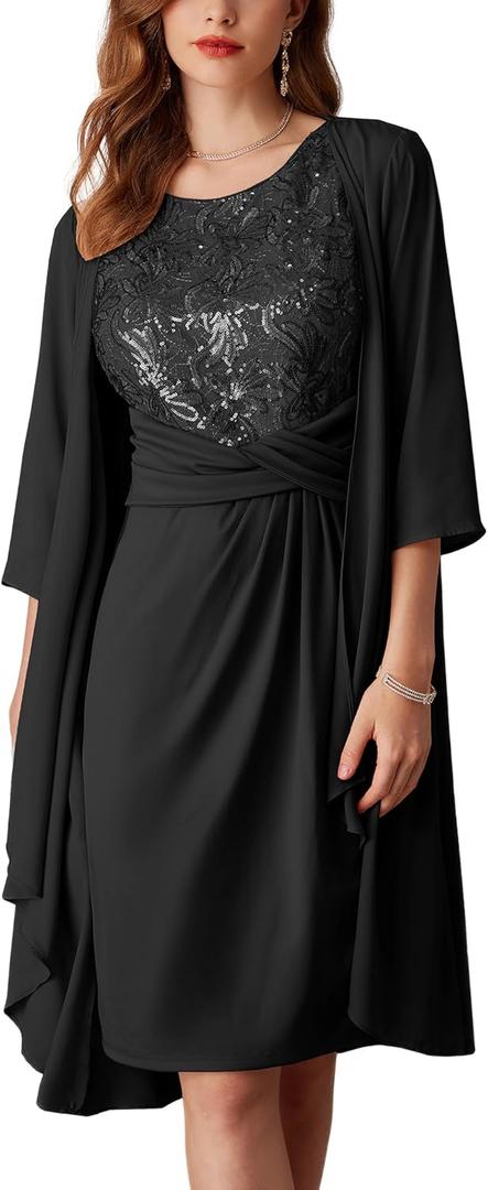 GRACE KARIN Women's Sequin Dress Two Piece Mother of The Bride Dresses with Jacket Lace Formal Wedding Guest Dress (8, Black)