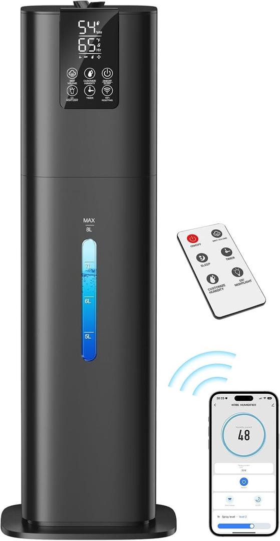 Smart Humidifiers Large Room Bedroom Home, 2.11Gal(8L) Quiet Top Fill Cool Mist Humidifier, Smart App & Remote Control, 3 Speed Humidifier with 360 Nozzle, Humidity Setting for Baby Office (Black)