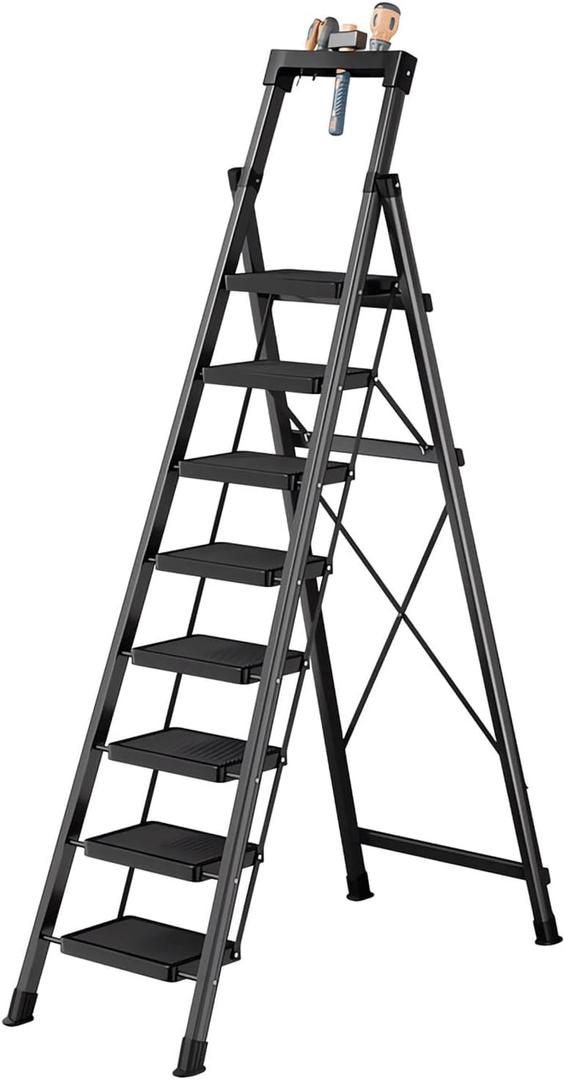 8 Step Ladder,Folding Step Stool with Tool Tray,330lbs Portable Sturdy Steel Ladder with Anti-Slip Pedal,Lightweight,Convenient Work Platform,Sturdy Carbon Steel Step Ladder for Adult,Garden,Garage