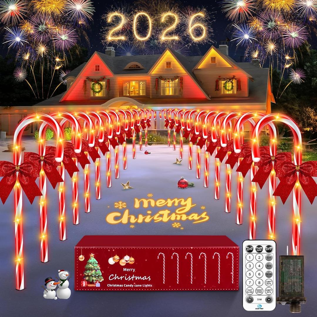 HELESIN 24 Pack 144 LED Christmas Candy Cane Pathway Lights Outdoor Christmas Candy Cane Lights Xmas Decorations Outdoor 12 Modes Timer Remote Waterproof for Patio Garden Pathway (Adapter)