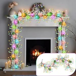 Enhon Lighted Easter Garland with 8 Lighting Modes, 15 LED Colorful Glitter Easter Egg Garland Lights Timer, Battery Operated Egg & Mixed Berry Decoration for Spring Mantle Home Fireplace Indoor Decor