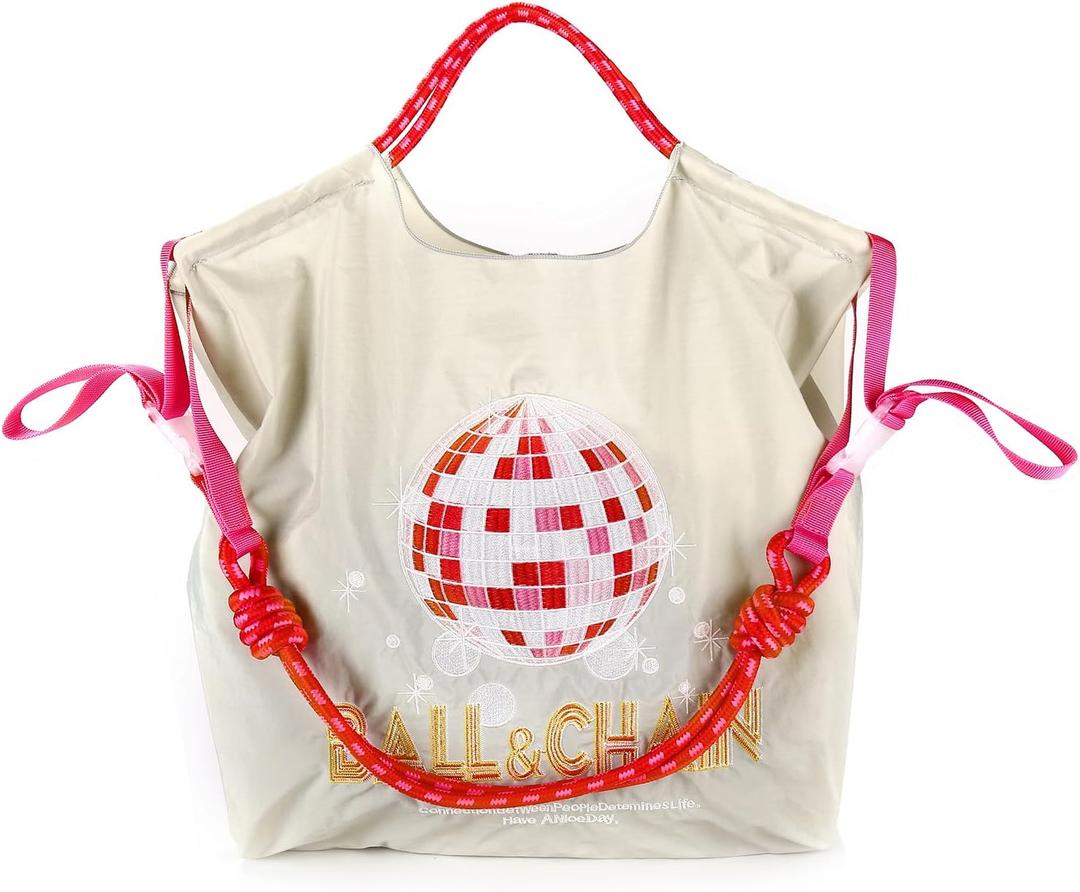 Ball&Chain Embroidery Nylon Tote Bag for Women, Bridal Shower Gifts for Bride, Wedding Bachelorette Bride Gifts Shoulder Bag (Small, Grey)