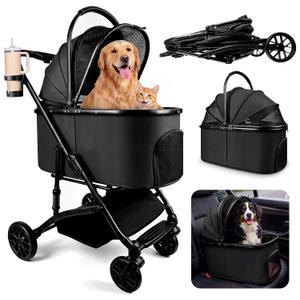 Heavy Duty Pet Stroller, 3-in-1 Dog & Cat Stroller with Detachable Carrier & Car Seat, 132 lbs Capacity for 1 Large/2 Medium Pets, Aluminum Alloy Frame, Shock Absorption, One-Touch Dual Brake, Black