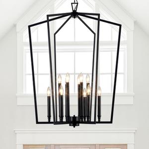 Vezzio Modern Large Black Lantern Foyer Entryway Chandelier | D30 Inch Modern Industrial 12-Light Pendant Light for High Ceiling, Dining Room, Kitchen Island, Hallway, Staircase