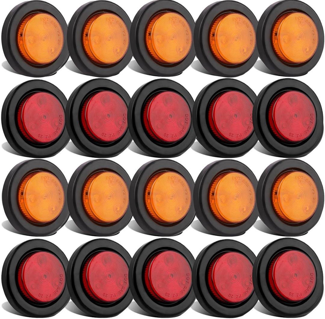 Partswcgg 2" Inch Round Led Trailer Marker Lights 4 LED, 10 Red + 10 Amber 2" Inch Round LED Trailer Side Clearance Marker Lights Sealed Grommet Flush Mount Waterproof w/2 Prong Wire Pigtails