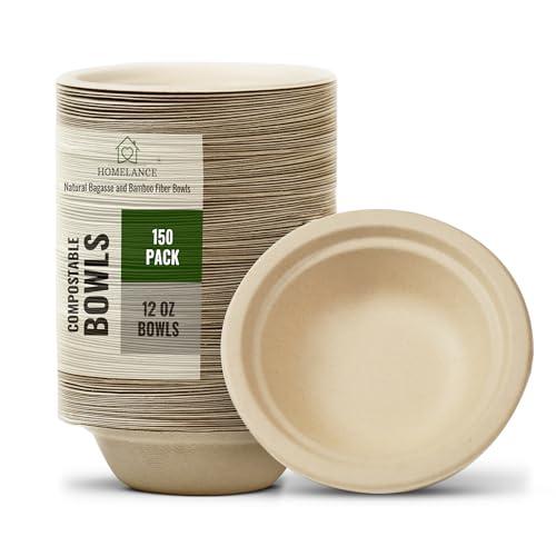 Homelance Compostable Bowls 12 OZ/350ml 150Pcs – Bamboo & Bagasse Disposable Bowls for Hot Soup-Temperature Resistant & Microwave Safe – Paper Bowls Disposable for Daily Meals