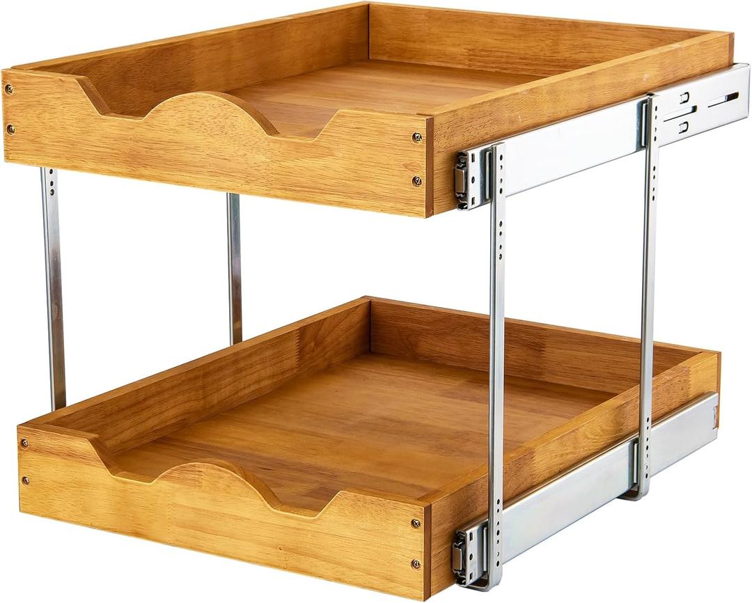 DINDON 2 Tier Wood Pull Out Cabinet Organizer (11" W x 18" D) Slide Out Wood Drawer, Two Tier Pull Out Shelf Organization and Storage