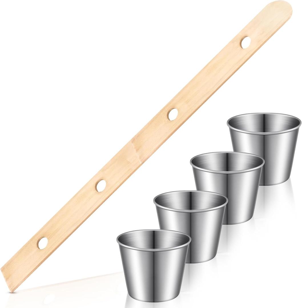 1 Set 5 ft Shot Board with 4 Stainless Steel Shot Glass Set 4 Person Drinking Retro Vintage Rustic Wood Drinking Board for Vacations Weddings Bar Family Gathering Celebrations Party (Beige)