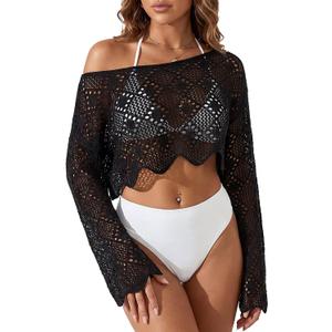 Women's Crochet Swimsuit Cover up Summer Off Shoulder Long Sleeve Hollow Beach Tunic, Bikini Swimwear Cropped Tops (Black) ( One Size )