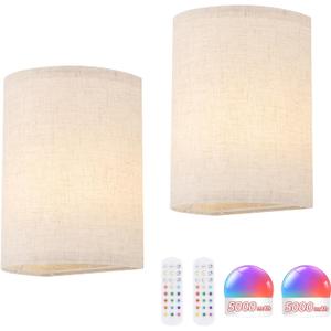 Shenmoyl Adhesive Battery Operated Wall Sconce Set of 2, 6000 mAh Battery Rechargeable Bulb with 12 RGB Colors, Stick on Wall Sconce No Drill Wall Lights, Linen (Half-circle Linen)