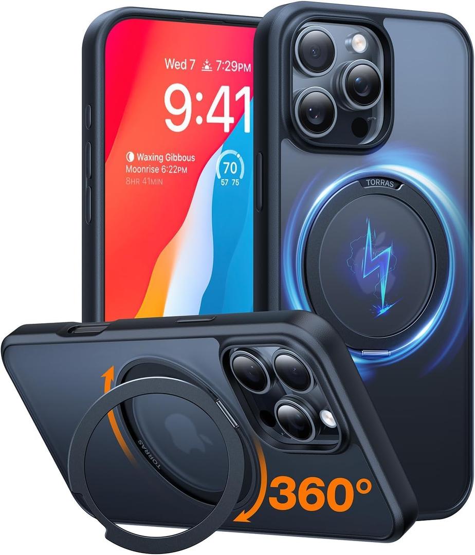 TORRAS Upgraded 360Rotatable Magnetic Ring for iPhone 16 Pro Max Case, Fit for MagSafe with Stand & Ring Holder, 16FT Mil-Grade Shockproof Translucent for iPhone 16 Pro Max Phone Case Ostand, Black