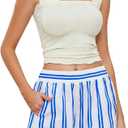 MISSACTIVER Women Striped Boxer Shorts Elastic High Rise Pajama Bottoms Casual Lounge Shorts with Pockets Sleepwear (Blue, S)