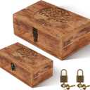 Vicenpal 2 Wooden Tree Keepsake Boxes with Lock, (8x5x3.2 inch & 7x3.7x2.8 inch), Handmade Decorative Treasure Chest Box, Gift Ideas for Men & Women Jewelry Rings Storage (Dark Color)