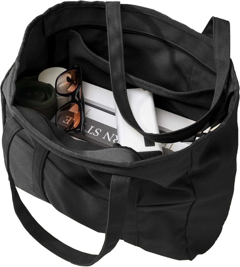 Extra Large Canvas Tote Bag for Women Men, Utility Work Tote with Zipper, Laptop Tote, Teacher Tote (Black)