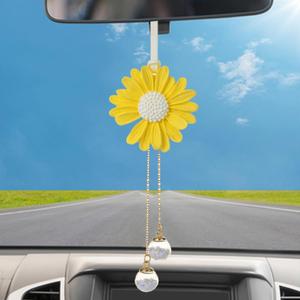 Chrysanthemum Car Decorations - Rear View Mirror Accessories, Cute Gifts for Women - Car Charm Pendant (Flower- Yellow)