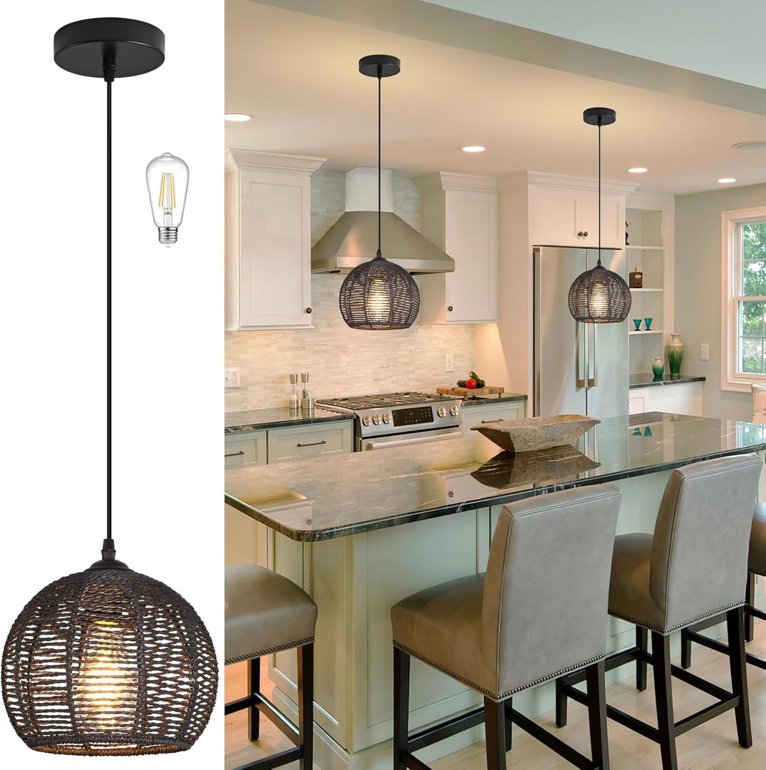 Ayshwill Dec Black Woven Boho Chandelier Wicker Rattan Dome Pendant Light Fixture for Dining Room Bedroom Kitchen Island (Bulb Included)