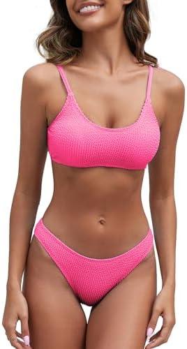Fanuerg Women's Ribbed Bikini Sets Scoop Neck Cheeky Swimsuit Textured Two Piece Bathing Suit