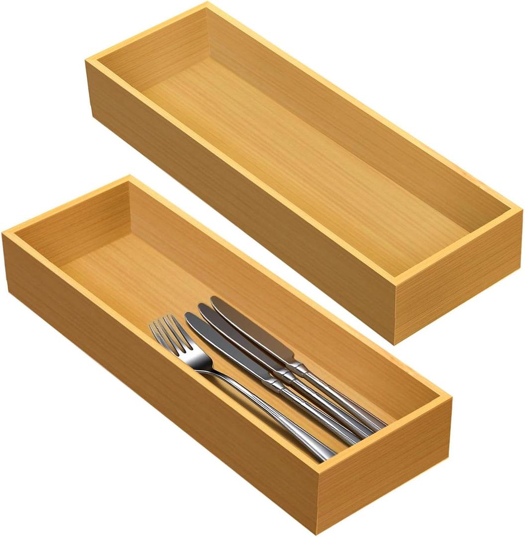Set of 2 Bamboo Drawer Organizer, Stackable Utensil Organizer for Kitchen, Bamboo Storage Box Wood Silverware Tray for Drawer (14.95" x 5.2" x 1.96")