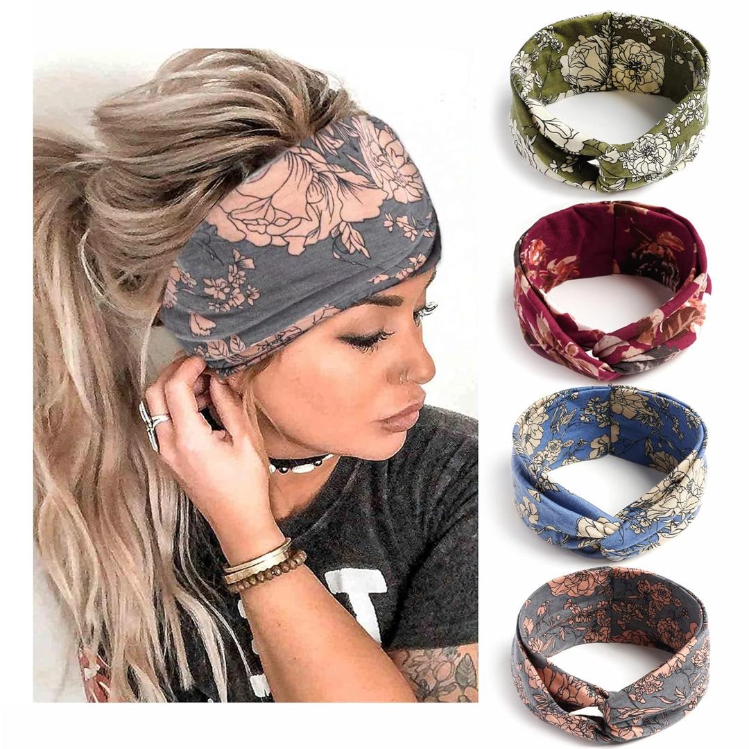 Boho Headbands For Women Fashion Criss Cross Hair Bands Stretch Turban Knot Head Bands Yoga Running Sweatband Elastic Headband Stylish Wrap Headbands Hair Accessories for Teen Girls 4 Pack