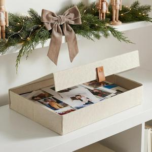 ZICOTO Decorative Photo Storage Box with Lid - A Beautiful Linen Organizer Perfect to Safely Store Your Pictures, Documents, Scrapbooking Supplies, Keepsakes and Other Memories in Style (Ivory)