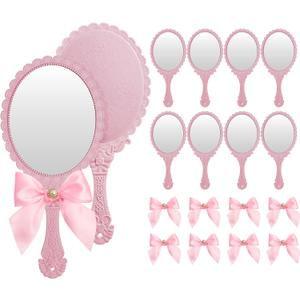 Wesiti 8 Pcs Vintage Handheld Mirrors Embossed Flower Princess Mirror with Bow Makeup Cosmetic Glass with Handle for Wedding Party Favors(Pink)