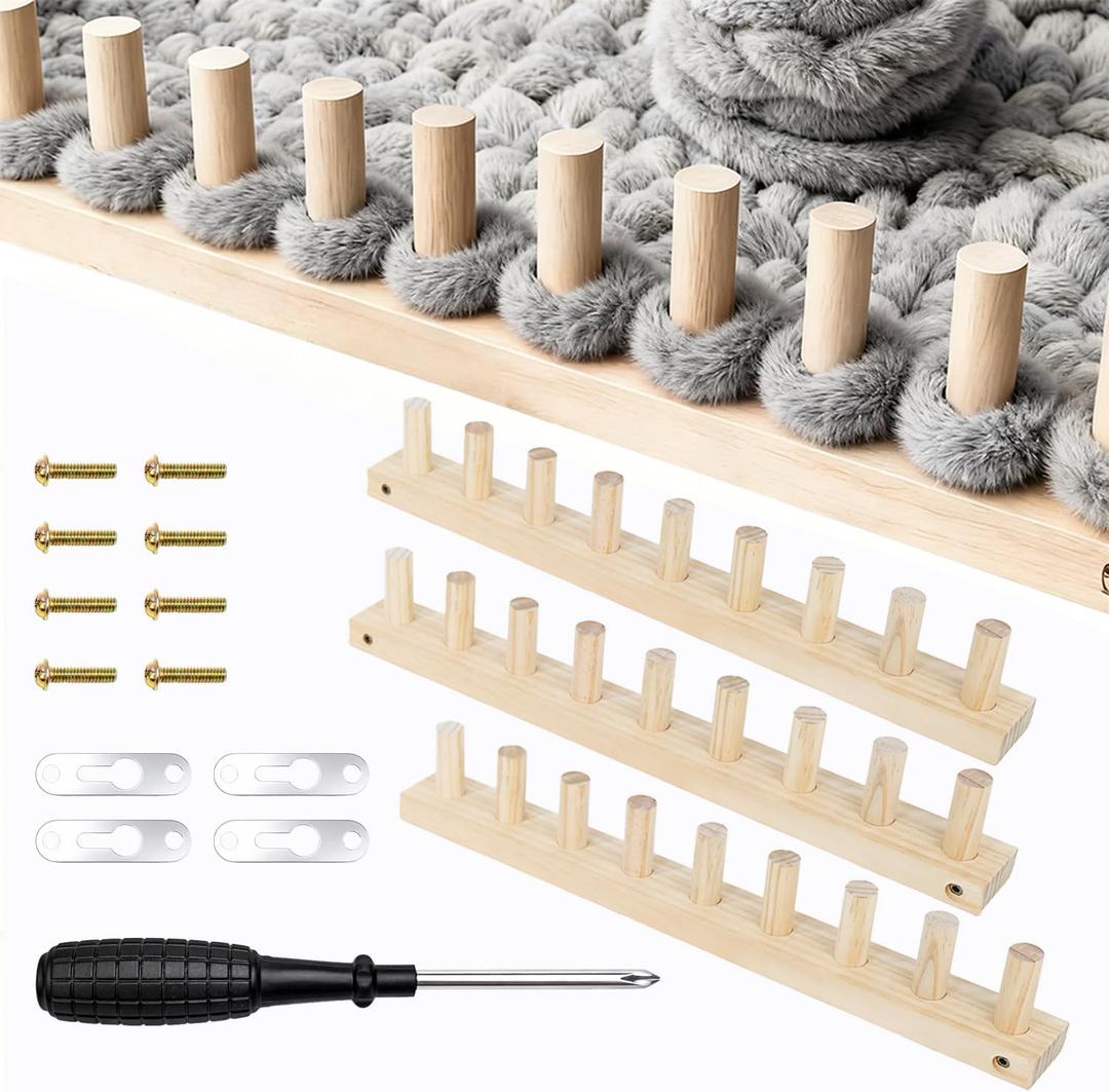 Lewhoo 55 Chunky Knitting Blanket Loom Kit,Thick Nature Wooden Loom Frame for Beginners,3 Pack DIY Throw Blankets Knitting Tool for Hand