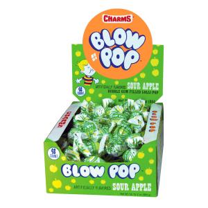 Charms Blow Pop Lollipops - Individually Wrapped Dual Candy and Gum Suckers - Peanut Free, Gluten Free - Bulk Treat for Kids and Adults  Sour Apple, 48 Count (Pack of 1)