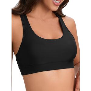 Women Racerback Sports Swim Bra High Neck Bikini Tops Black Workout Bathing Suit Padded Tops Only (Small)