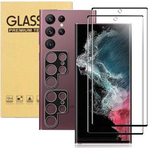 [2+2Pack] Galaxy S22 Ultra Screen Protector Tempered Glass + Camera Lens [9H Hardness][Compatible Fingerprint] 3D Curved HD Clear Glass Film For Samsung Galaxy S22 Ultra Screen Protector (6.8")