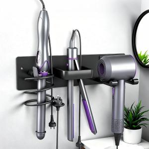 Blow Dryer Holder Wall Mount, 3 in 1 Bathroom Hair Tool Organizer with Curling Iron Holder & Flat Iron Holder, Universal Hair Dryer Holder Rack Storage Matte Black