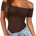 REORIA Women Sexy Off The Shoulder Short Sleeve Backless Basic Double Lined Thong Bodysuit Tops Small
