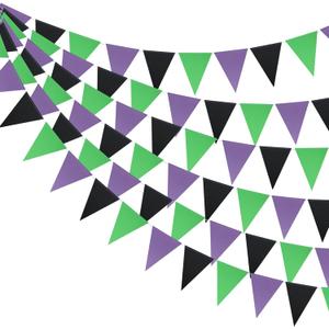 Guzon 3 Pack Purple Black Green Party Decorations Halloween Pennant Banner Glitter Pennant Banner Paper Triangle Flags Bunting Hanging Decoration for Party Supplies