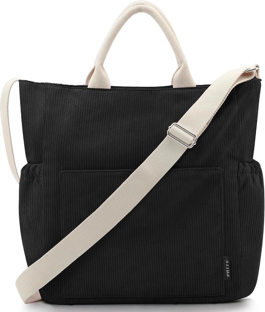 Prite Corduroy Tote Bag for Women Large Crossbody Hobo Shoulder Bag with Pockets Tote Handbag for Work, College, Shopping