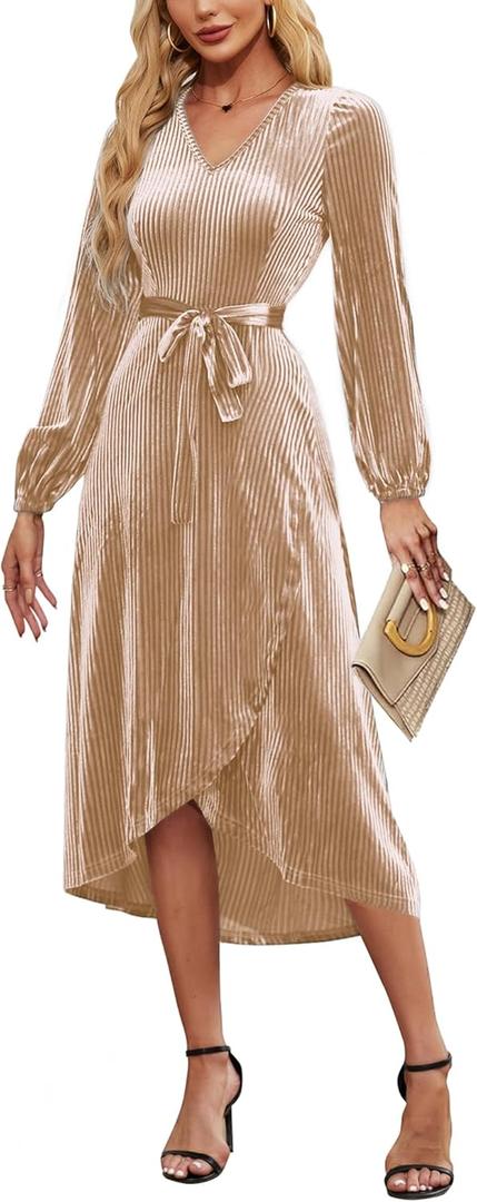 Women's Velvet V Neck Puff Sleeve Dress for Wedding Guest Cocktail Elegant Bodycon Party Midi Dress (X-Large, Champagne)