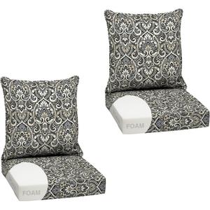Arden Outdoor Foam Deep Seat Cushion Set (2-Pack), 24x24, Premium High-Density Foam, Never Flattens, Weather-Proof for Patio Chair Sofa Couch, Black Aurora Damask